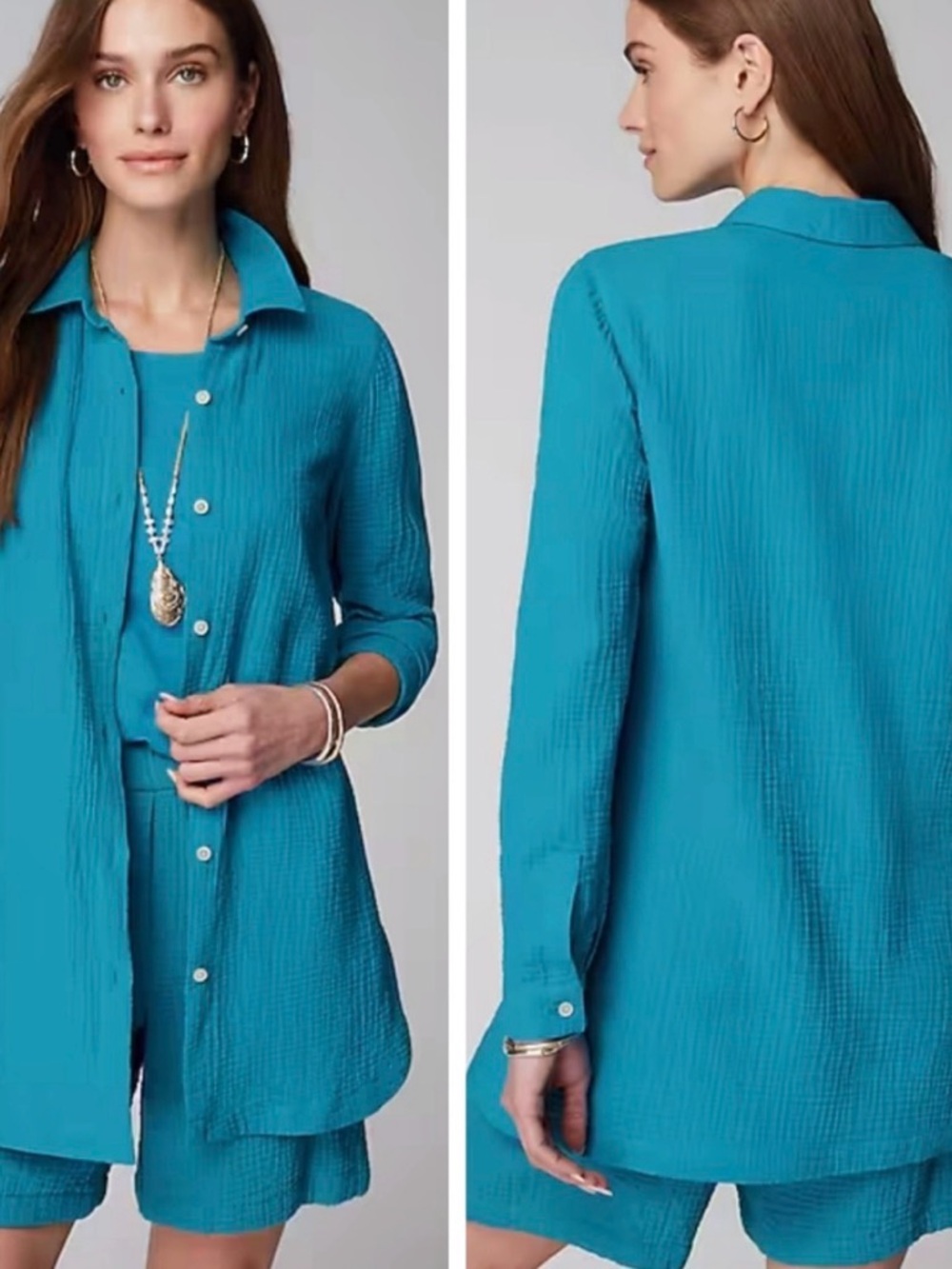 J.Jill Womens 100% Cotton Gauze Split Hem Button Down Tunic Size M Blue Basics